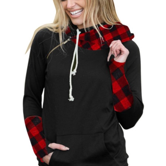 ❤Host Pick❤ New Red Plaid Double Hoods Thumb Hole Hoodie - Picture 2 of 11